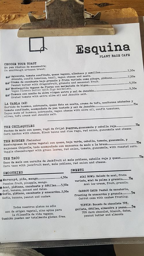 Menu at Esquina in Lanzarote