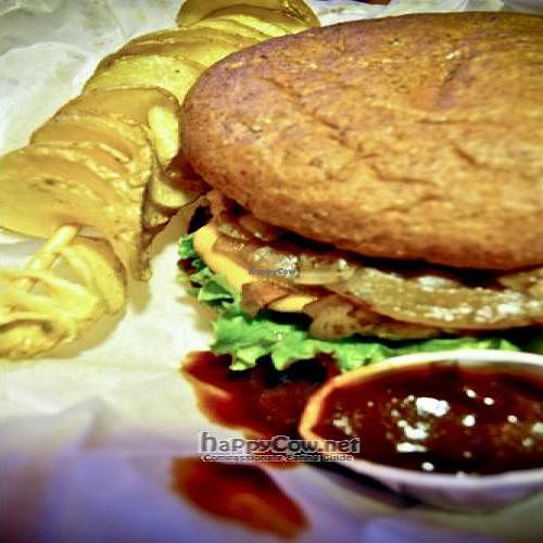 The April special - 'Off The Teppanyaki' Edamame-Cashew burger with a veggie volt (half french fry half chip...) and their spicy tofu avo sauce.  at Off the Griddle - Food Cart in Portland