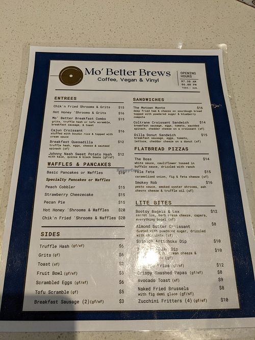Food menu at Mo' Brunch + Brews in Houston