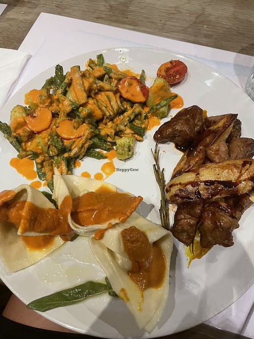 Tortellini, green beans salad and seitan potato dish  at Brac Libreria di Arte Contemporanea in Florence