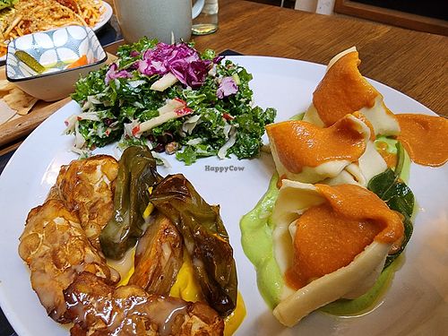 Tempeh, tortellini and the first vegan salad on list. at Brac Libreria di Arte Contemporanea in Florence