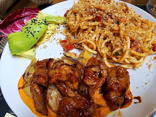 Seitan, first vegan pasta and the avo salad. at Brac Libreria di Arte Contemporanea in Florence