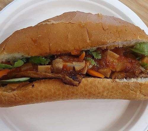 Vegan BBQ Baguette. 
Photo by Sam Lama at Naked Earth Cafe in Central Singapore