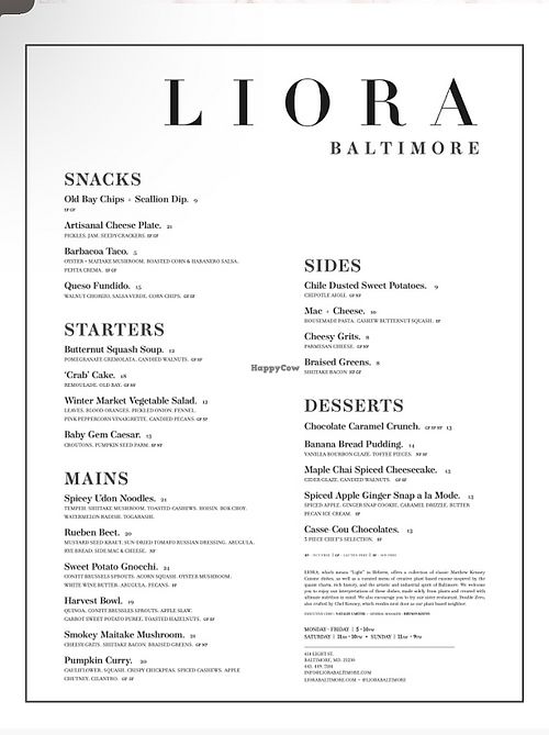 Menu + prices   at Liora in Baltimore
