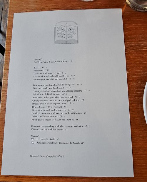 Menu at Sylvan in Glasgow