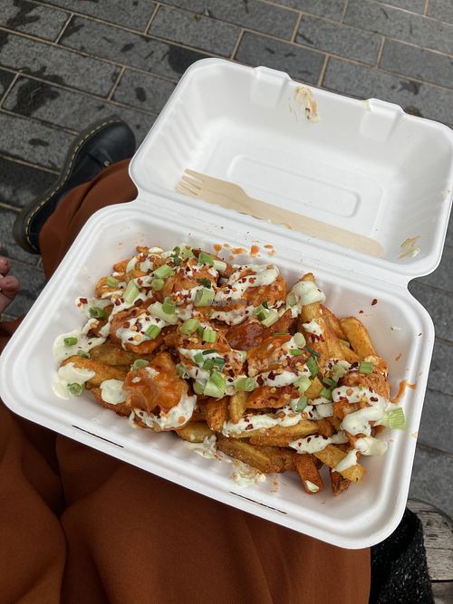 GF buffalo wings topped fries at Herbivorous - Great Ancoats in Manchester