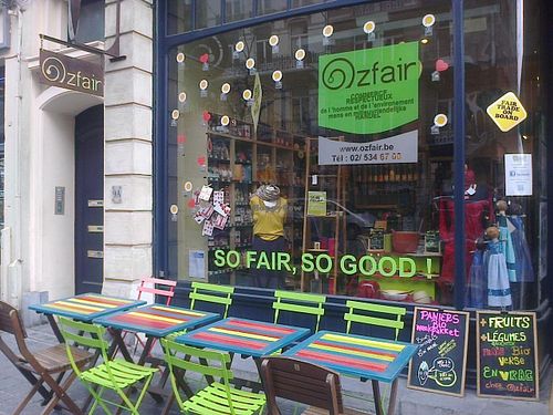 The outside of Ozfair restaurant/fairtrade shop at Ozfair in Brussels