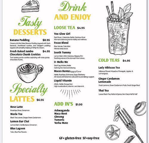 Dessert and drink menu  at Hue Cafe & Apothecary in Owings Mills