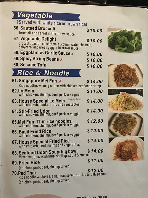 some veg menu items   at Golden Garden in Lexington