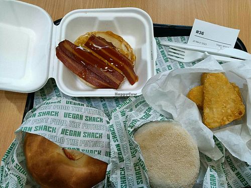 Pancakes with bacon, breakfast bagel & muffin. at Vegan Shack - Piccadilly Gardens in Manchester