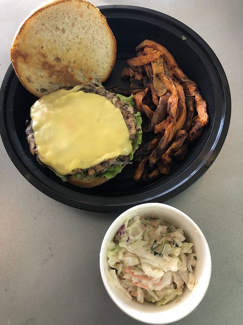 Black Bean Burger with Sweet Potato Fries & Cole Slaw  at The Juice Jar in Erie