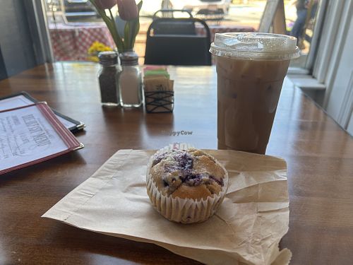 Blueberry lemon muffin and almond milk iced latte  at Picnic Cafe and Dessertery in Dahlonega