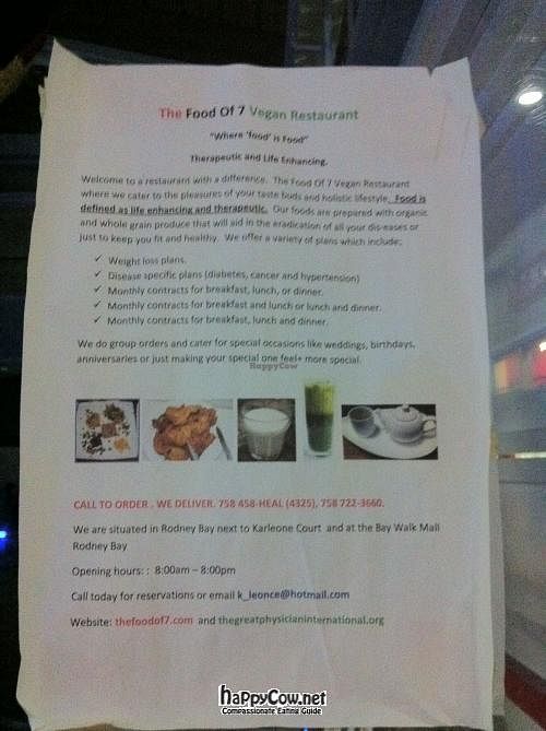 Sign in the window that made us think it would be good to try. at The Food of 7 Vegan in Rodney Bay