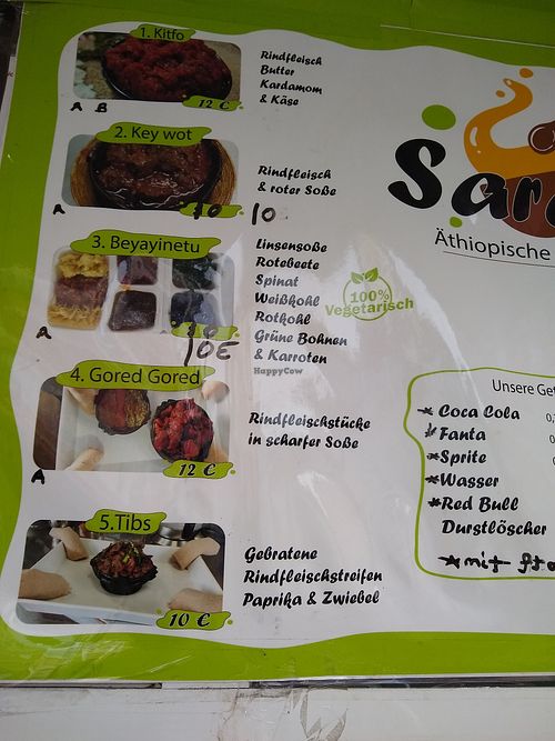 Three vegan dishes on the menu at Sara's Äthiopische Küche in Stuttgart