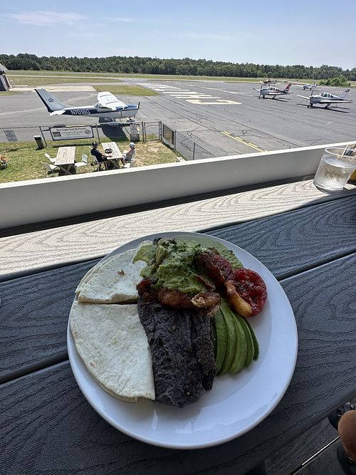 Vegan huevos rancheros with a view  at Hangar B Eatery in Chatham