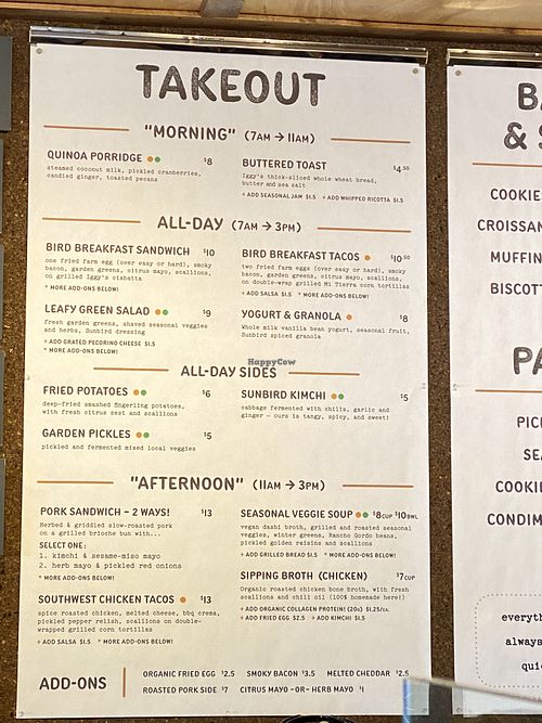Takeout menu  at Sunbird Cape Cod in Orleans
