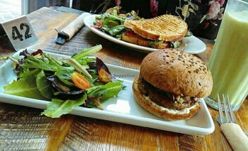 Truffle Burger, Caprese Panini, and Matcha at Freesoulcaffe in Tustin
