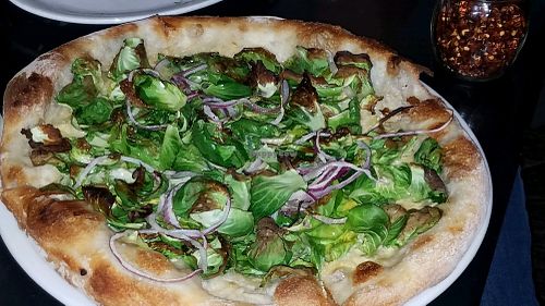 brussel sprouts pizza at Freesoulcaffe in Tustin
