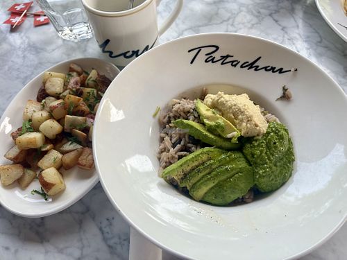 Vegan Cuban breakfast and breakfast potatoes. The potatoes are usually cooked in butter but the staff treated our needs like an allergy and cooked them separately in olive oil ☺ at Cafe Patachou - Hazel Dell in Carmel