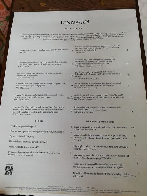 Food menu at Linnaean in South West London