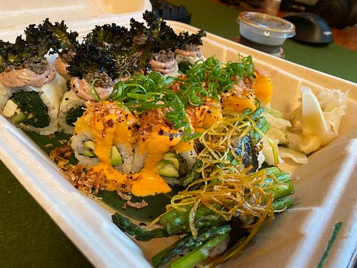 Oasis roll and Mountain roll with Asparagus nigiri at Mitate in Portland