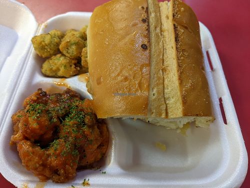 Buffalo cauliflower, fried okra & bun for later at Kales Kitchen  in Houston