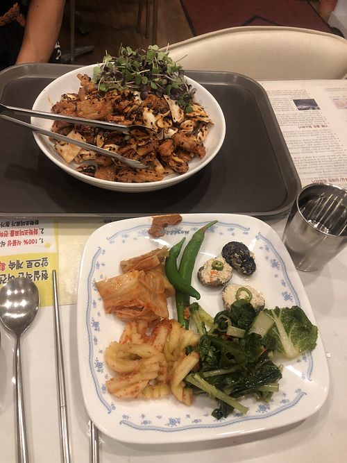 Fried soy protein plus the free side dishes  at Loving Hut in Jeonju