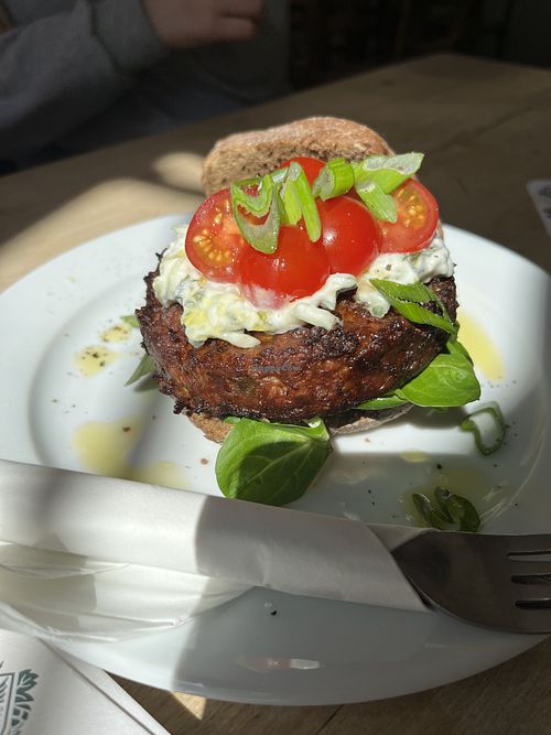 Vegan Bruin broodje Spruitjesburger met citroengras ride peper cashewnoten en shisi-tzatziki  at Zondag in Maastricht