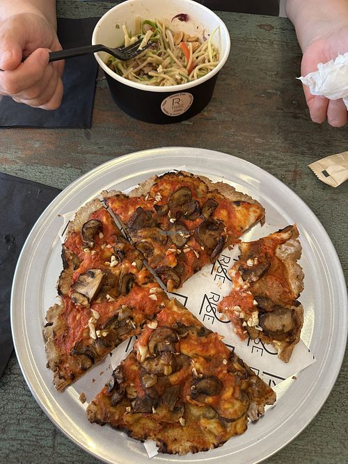 Yummy grain-free (buckwheat) marinara & cheese pizza with mushrooms & garlic  at Root 2 Rise in Pleasantville