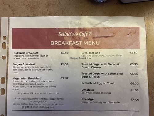 Breakfast menu with the vegan option   at Cafe K in Killorglin