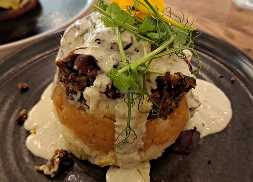 Haggis with root mash, whisky tarragon cream at Hendersons in Edinburgh