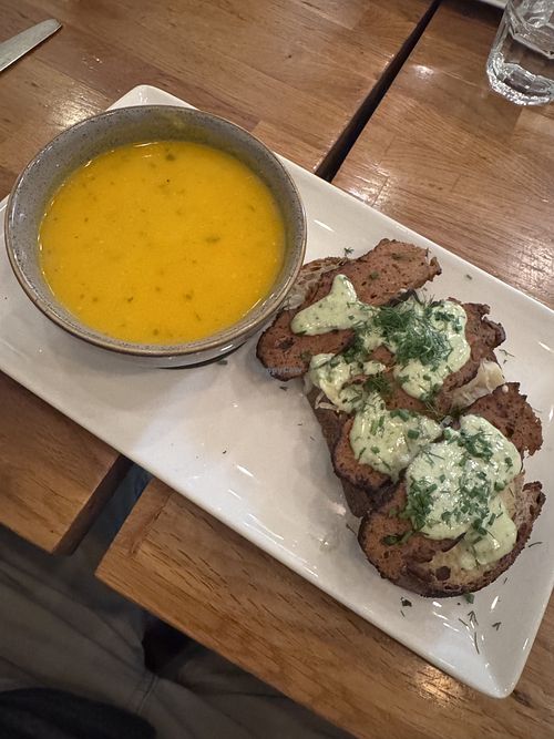 Pastrami sandwich, carrot and gingers soup   at Hendersons in Edinburgh