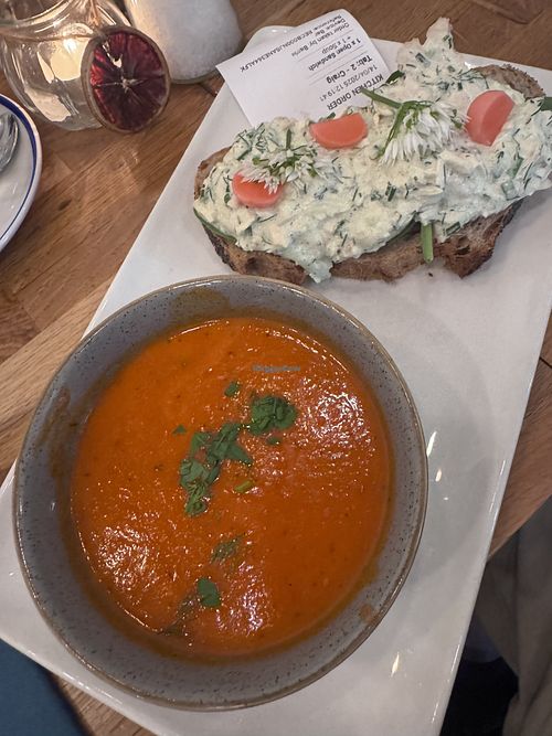 Tomato & Red Pepper soup with a smoked tofu cottage cheese sandwich. Delish!   at Hendersons in Edinburgh