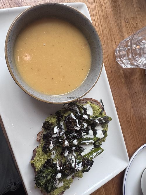 Spicy lentil soup and pea sandwich   at Hendersons in Edinburgh