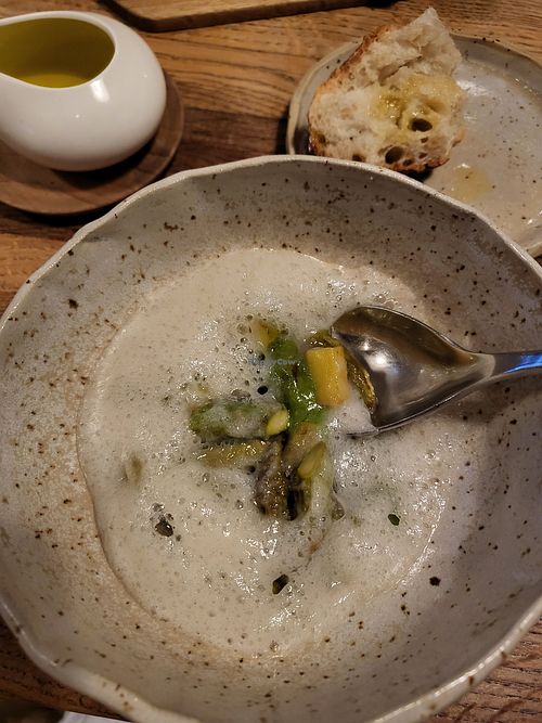 Favorite!! Asparagus, green tea cream, Kombucha foam at 28 Posti in Milan