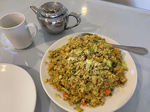 This is just what the doctor ordered: curry fried rice with jasmine tea😊 at Loving Hut in Elk Grove