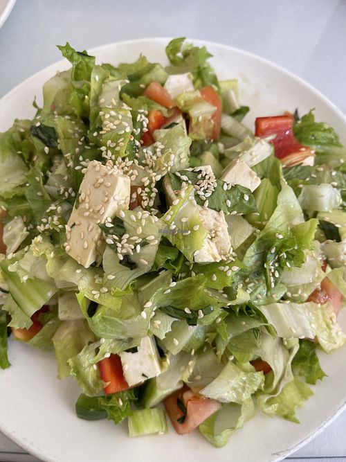 Avocado Salad (the avocado is the bottom layer) delicious 😋  at Loving Hut in Elk Grove