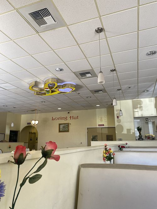 Interior from Booth View - Faux Flowers  at Loving Hut in Elk Grove