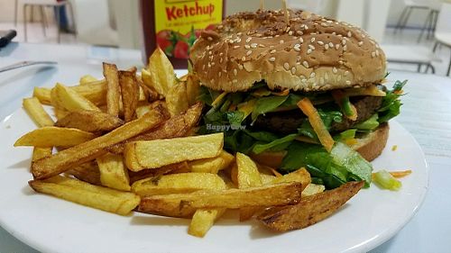 vegan burger at Loving Hut in Panama City