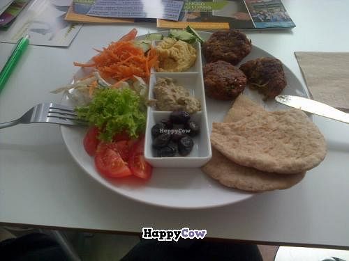 vegetable kofta meal with hummus, olives and salads, yummy!  at The Kitchen on Great Moor Street in Bolton
