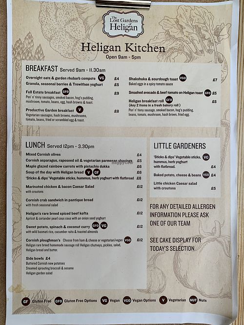 Menu - Heligan kitchen at Heligan Kitchen & Bakery in St Austell
