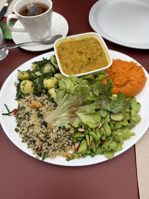 5 plate (lentil Dahl, carrot puree, potato and samphire, broad bean salad, quinoa salad) served with bread   at Le Comptoir de Walter in La Rochelle