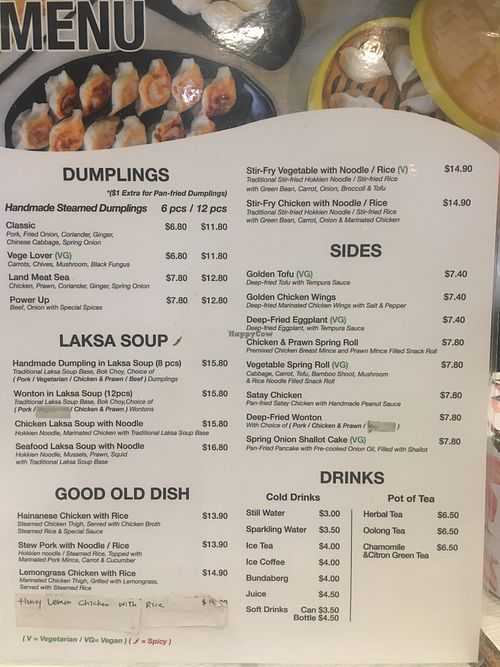 Menu. Look for VG option. Stir fry is also vegan with rice. (Noodles have egg)  at Hindley Dumplings in Adelaide