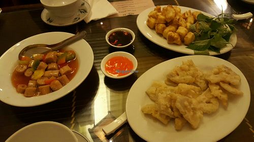 Sweet&sour soy, fried tofu, fried lotus root at Truc Lam Trai in Hanoi