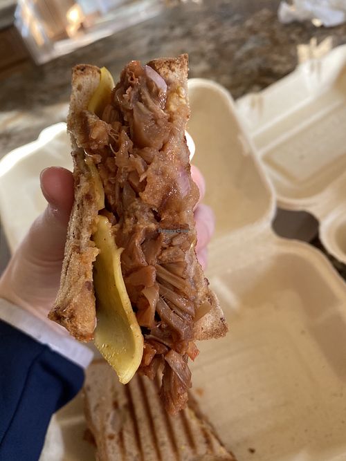 Jackfruit panini on gluten-free bread at Rock n Roots in Williston Park