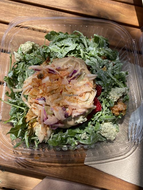 Monthly special vegan crab cake salad   at Rock n Roots in Williston Park