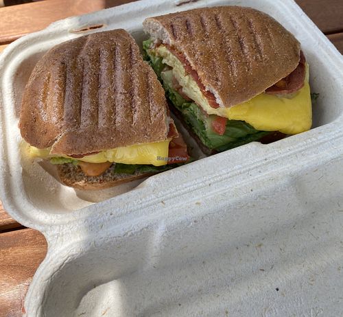 Vegan bacon egg and cheese   at Rock n Roots in Williston Park