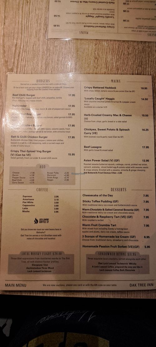 Menu (September 2025) at The Oak Tree Inn in Balmaha