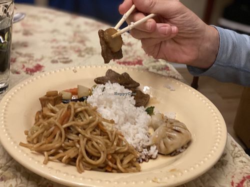 Vegetable chow mein, steamed rice, potsticker and broccoli and “beef"  at Lotus Garden in Eugene