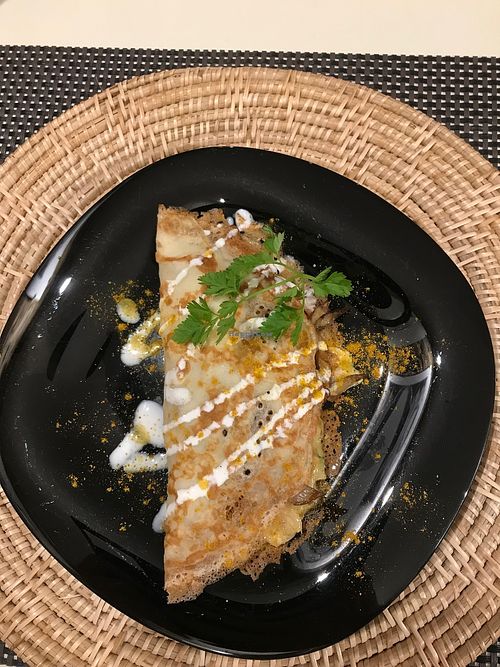 the best vegan crepe with grilled mushrooms and vegetables and out of this world creme sauce. at Espaço Vivo S Coop Galega in Redondela